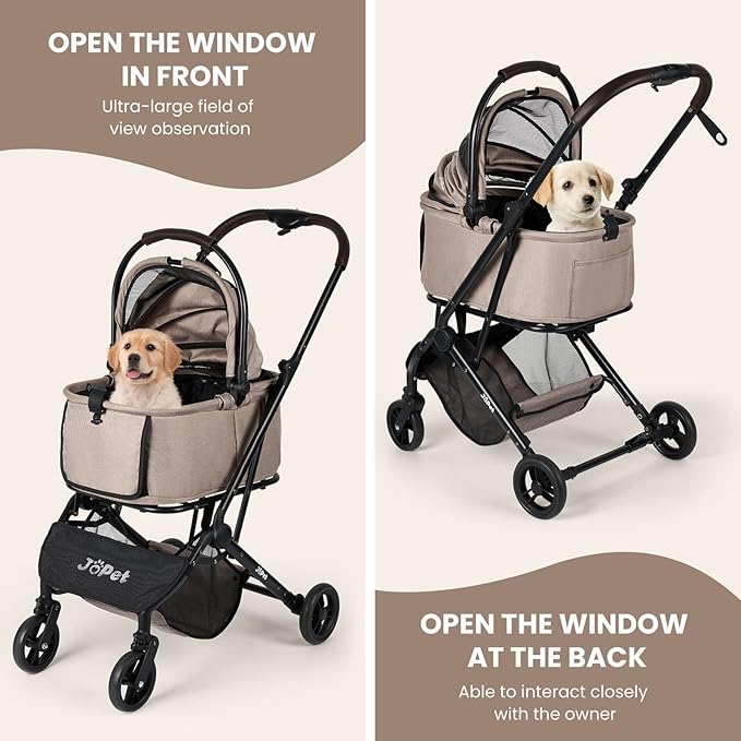 Pet Stroller, Small to Medium Dogs & Cats, Foldable, One-Hand Fold, Detachable Carrier, Latte Color