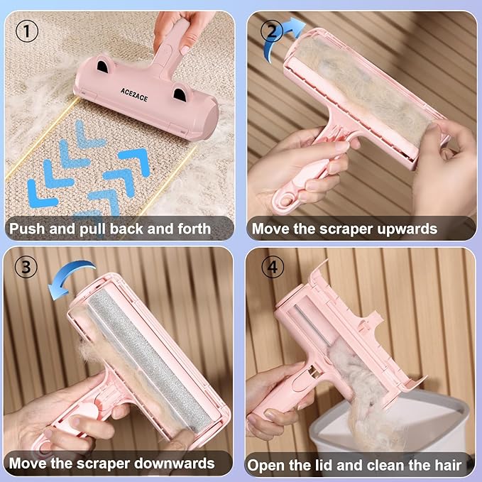 ACE2ACE Pet Hair Removal Tool, Lint Roller Brush for Cats and Dogs, Reusable Self Clean Pet Fur Remover, Pet Hair Remover for Laundry, Carpet, Furniture, Couch, Sofa and Bedding (Pink)