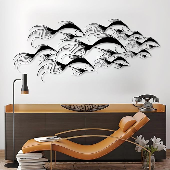 School of Fish Metal Wall Art, Metal Fish Wall Decor, Sea Life Wall Art, Large Nautical Wall Hanging, Modern Beach House Wall Decor, Ocean Themed Artwork for Bathroom (Gold, 48"x20" | 121x51cm)