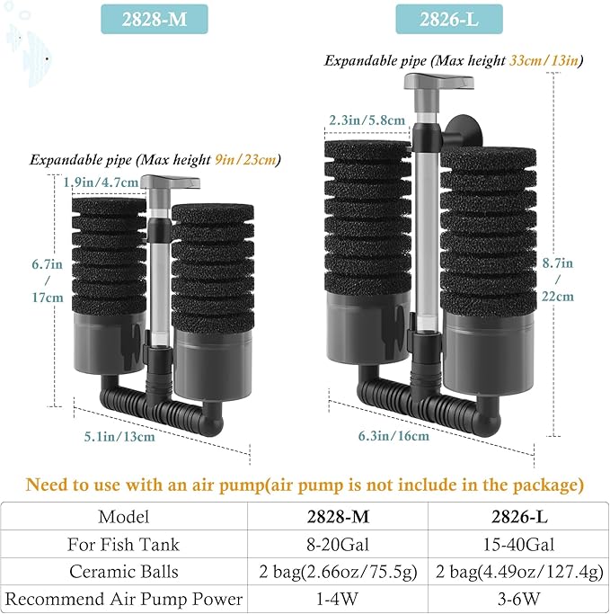 Air Powered Aquarium Sponge Filter with Biochemical Sponge and Ceramic Balls, Quiet Submersible Fish Tank Filter for 8-20Gallon (M-6.7in)