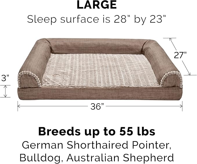 Furhaven Cooling Gel Dog Bed for Large/Medium Dogs w/ Removable Bolsters & Washable Cover, For Dogs Up to 55 lbs - Luxe Faux Fur & Performance Linen Sofa - Woodsmoke, Large
