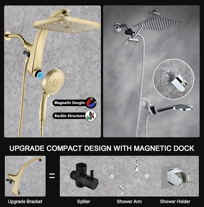 High Pressure Rain Shower Head: Upgrade Shower Heads with Handheld Spray Combo with Fixed Showerhead and 10 Sprays Handheld Shower Head, Detachable Shower head Built-in Power Jets