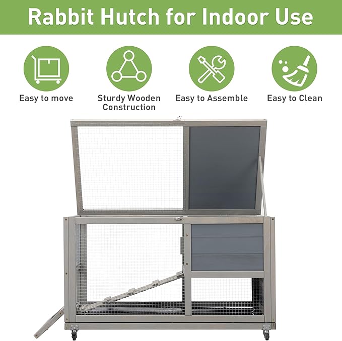 COZIWOW Wooden 36Inches Rabbit Hutch Outdoor with Wheels Bunny Cage Indoor Rabbit Cage with Clean Tray, Openable Roof, Anti-Slip Ramp for Small Bunny (Grey with Pattern)