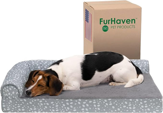 FurHaven Supportive Cooling Memory Foam L Chaise Dog Bed with Washable & Removable Cover - Plush & Almond Print - Gray Almonds, Dogs Up to 35 lbs - Medium
