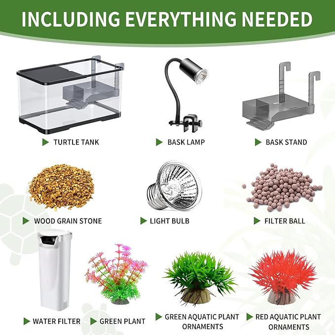 (Tank + Light + Filter + Filter Balls) Turtle Tank Kit, Turtle Tank Starter Kit,Bottom Drainage, Multi-Function Areas for Turtles, Crabs,Fishes, Amphibians,Reptiles. (15.75 x 8.64 x 8.64 Inch)