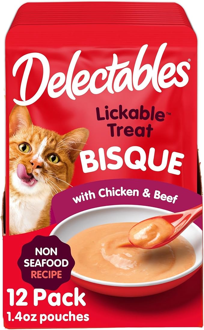 Hartz Delectables Bisque Non-Seafood Chicken & Beef Lickable Wet Cat Treats, 12 Count , 1.40 Ounce (Pack of 12)