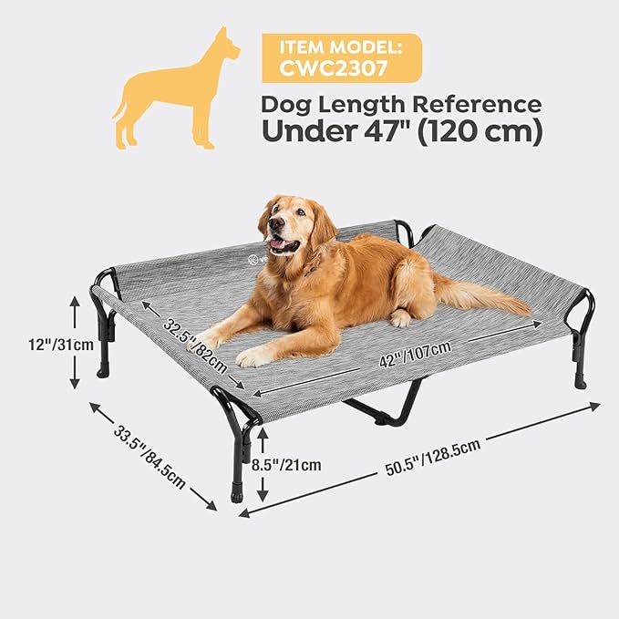 Veehoo Cooling Elevated Dog Bed, XL Raised Pet Cot with Guardrail & Slope Headrest, Durable Breathable Teslin Mesh, Non-Slip Feet, Washable Dog Couch Bed for Indoor & Outdoor, X Large, Black Silver