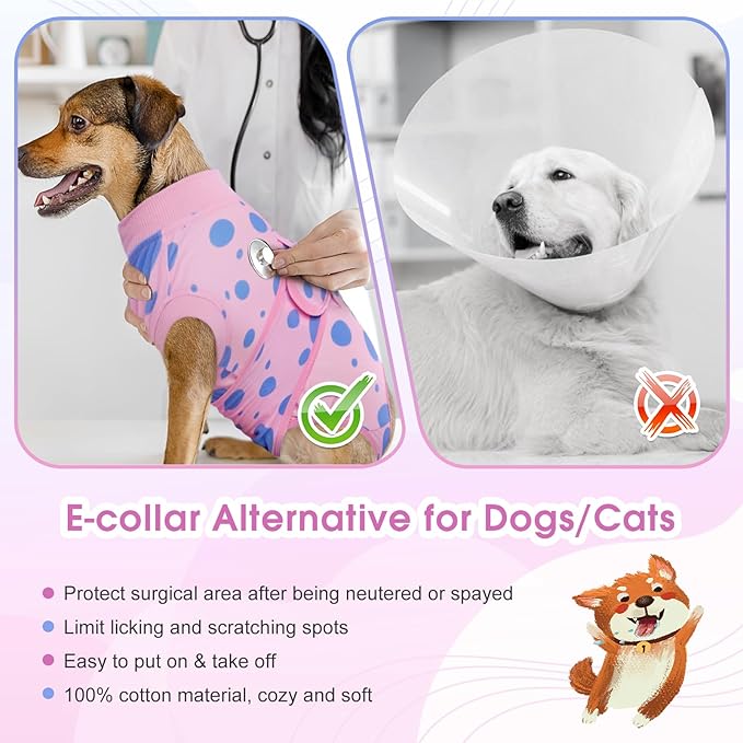 Kuoser Dog Surgery Recovery Suit, Anti Licking Pet Surgical Suit for Dogs Male Neuter, Female Dog Surgery Suit for Spay Subsititute E-Collar Cone, Dogs Body Suits After Surgery Pink Polka Dot M