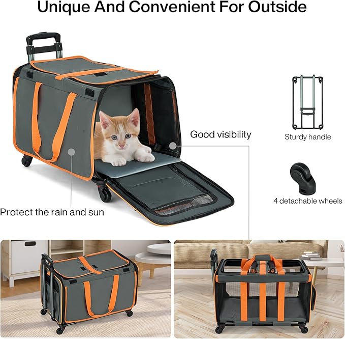 MILADA Large Cat Carrier for 2 Cats, Soft Big Pet Carrier with Wheels, Double Cat Carrier on Wheels, Rolling Pet Carrier for Travel Hiking Shopping and Camping（Not for Air Travel）, Orange