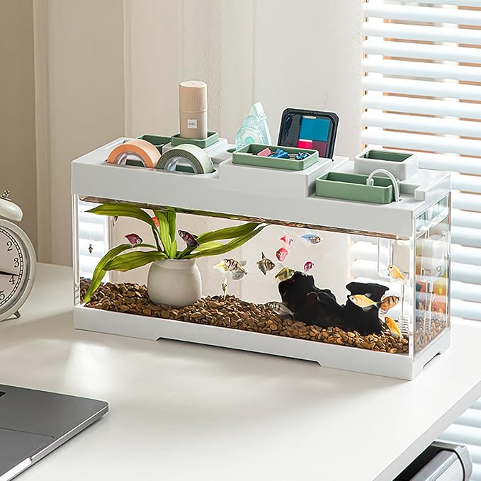 Modern Acrylic Betta Fish Tank Aquarium Kit with LED Lighting and USB Charging Ports 20 Gallon Small Fish Tank for Home Office Decor, Ideal for Living Rooms, bedrooms (White)