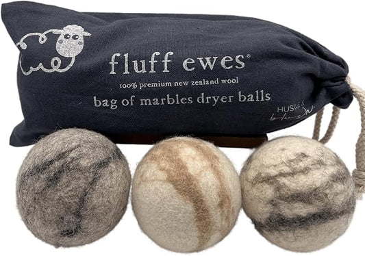 Fluff Ewes Wool Dryer Balls 3 Pack Premium New Zealand Wool Laundry Balls for Dryer, No Static Dryer Balls Laundry Reusable Cute, XL Wool Dryer Balls Cute, Baby Dryer Balls for Dryers - Marble