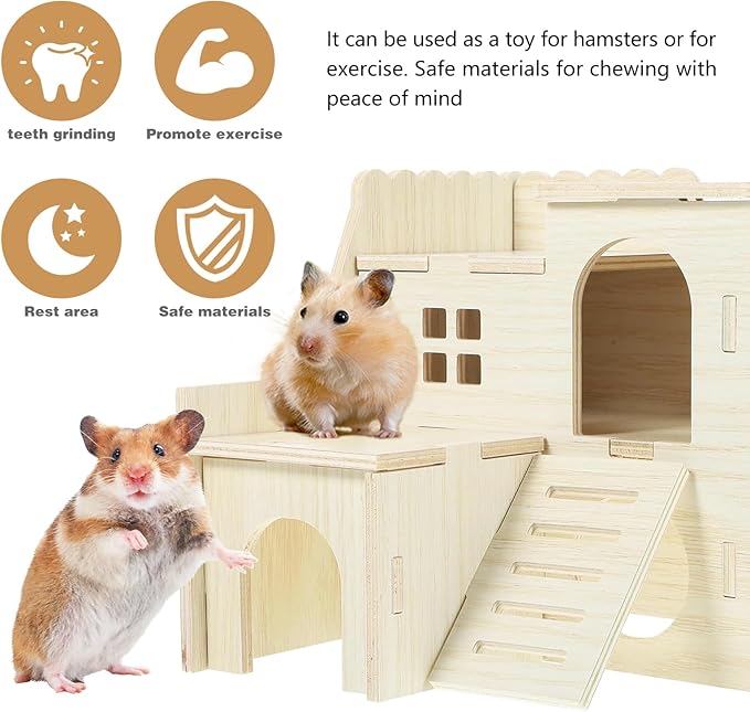 Hamster Toys 5-Piece Set ，Hamster House, Swing, Climbing Ladder, Seesaw & Exercise Wheel，Pet DIY Sport Exercise Toys Set, Small Animal Habitat Accessories ，Gerbils, Mice（Natural Wood）