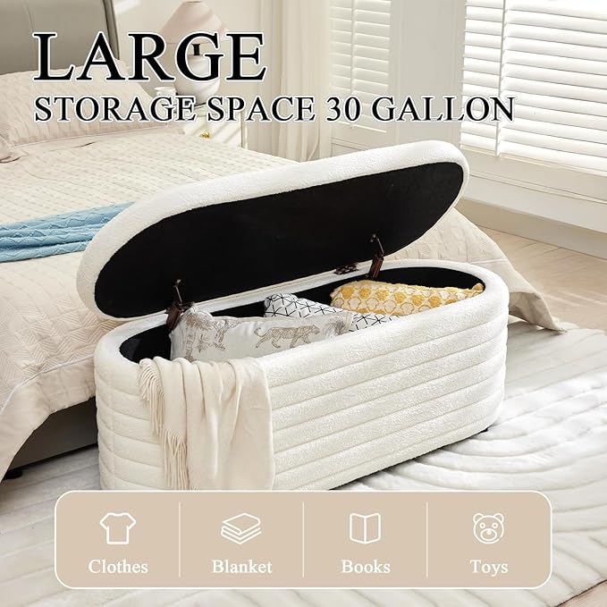 Storage Teddy Ottoman Bench Upholstered Fabric Storage Bench End of Bed Stool with Safety Hinge for Bedroom, Living Room, Entryway, Closet(44.5", White)