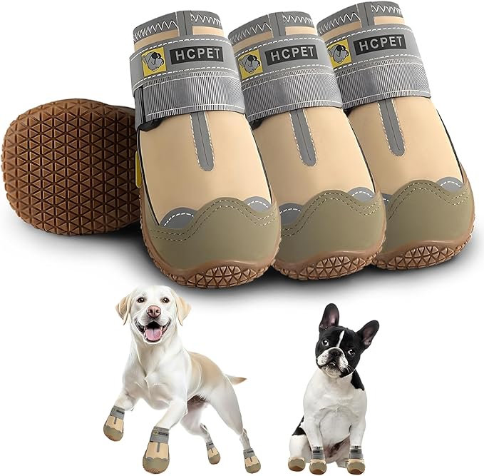 Hcpet Dog Shoes for Large Dogs, Waterproof Dog Booties for Small Medium Dogs, Anti-Slip Dog Boots & Paw Protectors for Hot Pavement Winter Snow Hiking with Reflective Straps Khaki Size 7