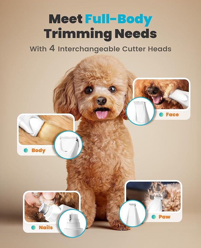 oneisall Quiet Dog Grooming Kit 4 in 1, LED Light Dog Nail Grinder, 2000mAh Pet Grooming Clippers Paw Trimmer for Paw, Nail, Face, Ears, Legs, Body with Storage Bag