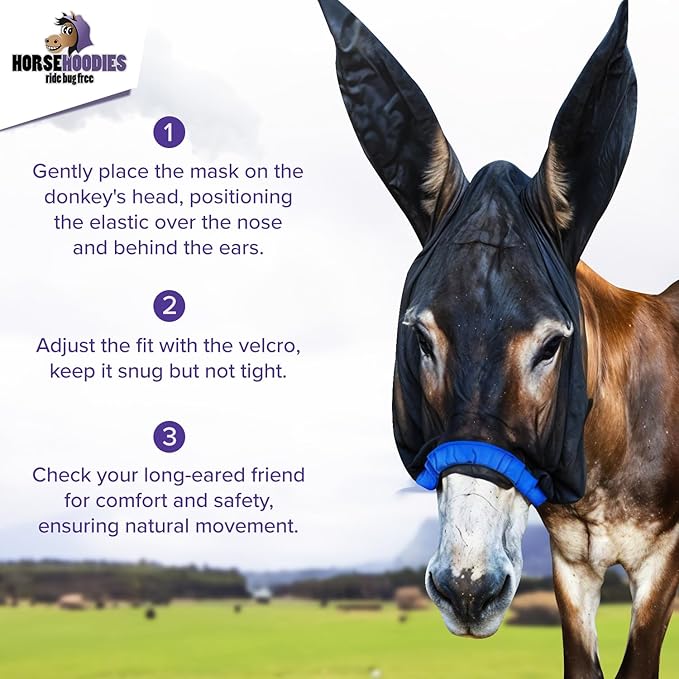 Donkey Fly Mask with Long Ears (Black) Half Hoodie for Standard Donkey, Made in USA - Mule Fly Mask with Ears Protection from Insects and Bugs, Face Cover Soft Mesh Fabric with Adjustable Fastener