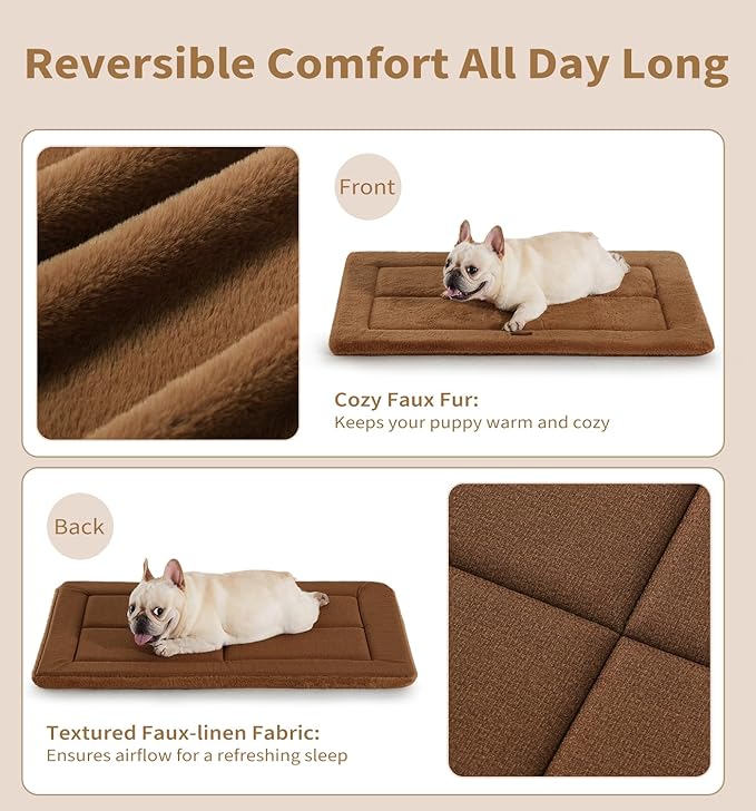 Made4Pets Dog Crate Pad Bed for Medium Dogs, Washable & Reversible, Anti-Slip Kennel Mat for Cozy Sleeping, Soft Fluffy Dog Bed for Indoor & Outdoor Use, 29"x21", Brown