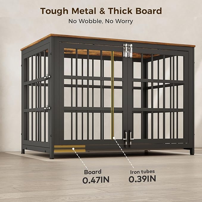 38 Inch Heavy Duty Wooden Dog Kennel End Table with Double Door Design and Secure Locks, Indoor Pet Crate Furniture for Medium Dogs, Decorative Home Cage Design,Aged Black