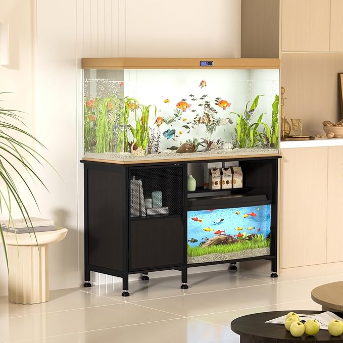 Fish Tank Stand, Modern Aquarium Stand with Built-in Cabinet and Shelves - Sleek Black Iron and Wood Grain Design for Stylish Home Décor（ 51.97" x W 19.69" x H 31.5"） Black