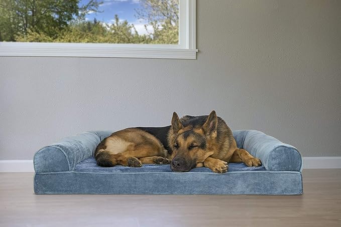 Furhaven Orthopedic Dog Bed for Large Dogs w/ Removable Bolsters & Washable Cover, For Dogs Up to 95 lbs - Faux Fur & Velvet Sofa - Harbor Blue, Jumbo/XL