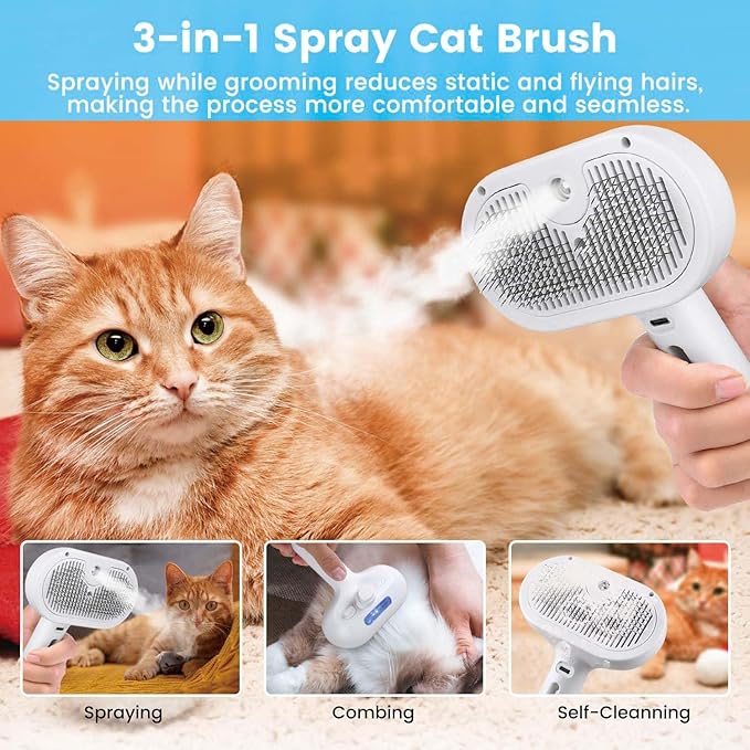 Pet Steam Brush for Dog & Cat – 3-in-1 Spray Hair Removal Comb – Steam Brush for Shedding & Grooming – Water for Long & Short Haired Pets – Spritz Defur Comb (White)
