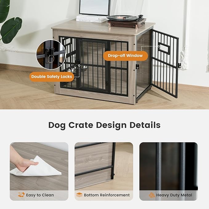 Gardner Pet Dog Crate Furniture for Medium Dogs, 32.7 Inch Dog Kennel Indoor, Wooden Dog Cage End Table with 2 Removable Bowls, Heavy Duty Dog Crate, Rustic Grey