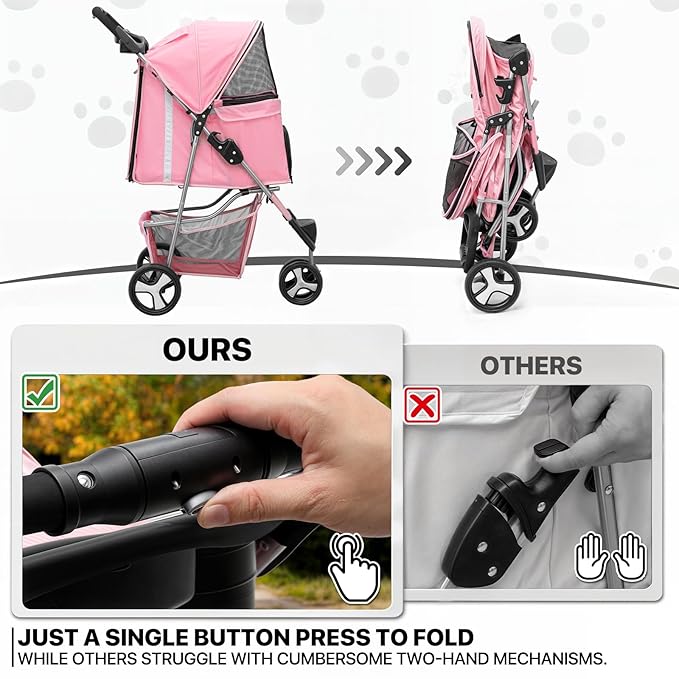 MoNiBloom 3-Wheels Foldable Pet Stroller with Waterproof Cover, Pet Strolling Cart for Small/Medium Dogs and Cats with Storage Basket and Cup Holder, Breathable and Visible Mesh for All-Season, Pink