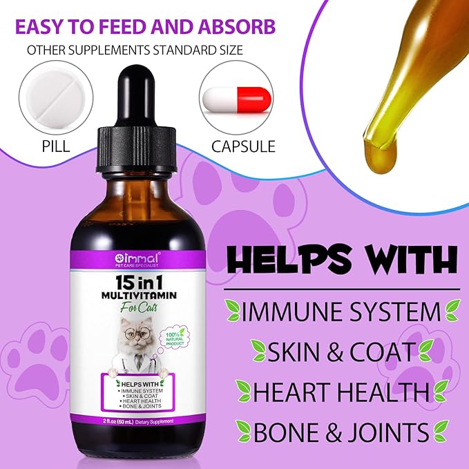 15-in-1 Multivitamin Drops for Cats - Immune Support, Skin & Coat Health, Digestion, Joint Care - with Vitamins A, B, C, D, E - Liquid Supplement for All Life Stages, 2 fl.oz/60ml, 2 Pack