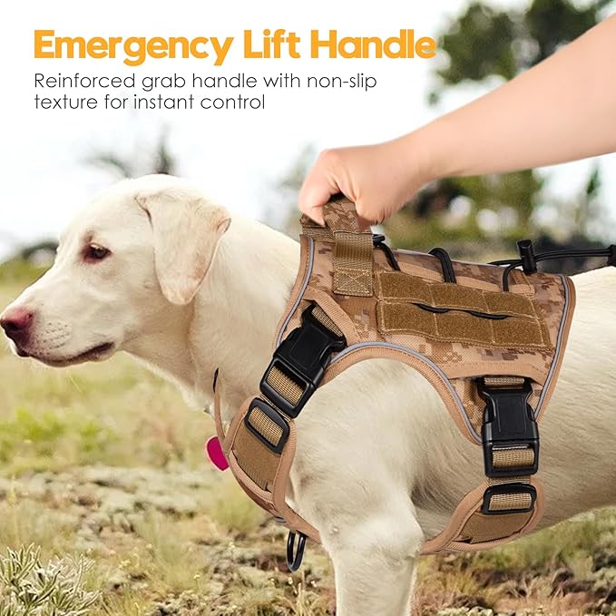 Heavy-Duty Tactical Dog Harness for Large Dogs, No Pull Adjustable Reflective Pet Vest with Molle System, K9 Military-Grade Control for Service Training, Outdoor & 10+ Breeds, Khaki Camo, Medium