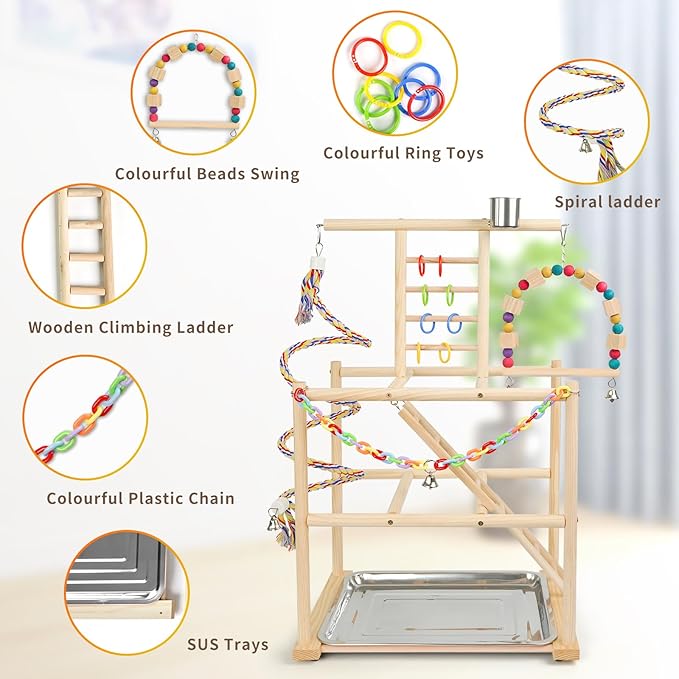 Bird Playground, Parrots Playstand for Small to Medium Birds, Perch Stand with 3 Ladders Playgym with Rope Perch, Swings Feeder Cups Bird Cage Accessories for Conure Cockatiel Lovebirds