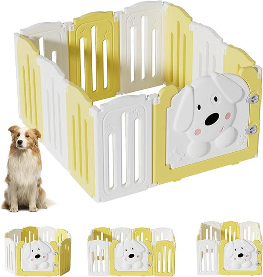 Foldable Dog Play Pen Indoors, Non-Slip Sturdy Puppy Playpen with Door, 25.5" H 10-Panel Adjustable Shape Dog Fence Pen for Small/Medium Dogs, Thickened, Easy to Store, White+Yellow
