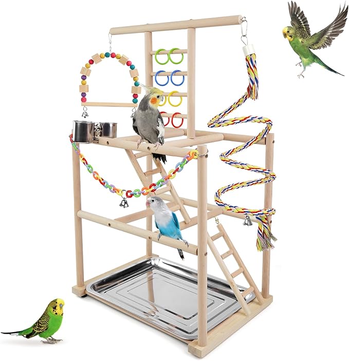 Bird Playground, Parrots Playstand for Small to Medium Birds, Perch Stand with 3 Ladders Playgym with Rope Perch, Swings Feeder Cups Bird Cage Accessories for Conure Cockatiel Lovebirds