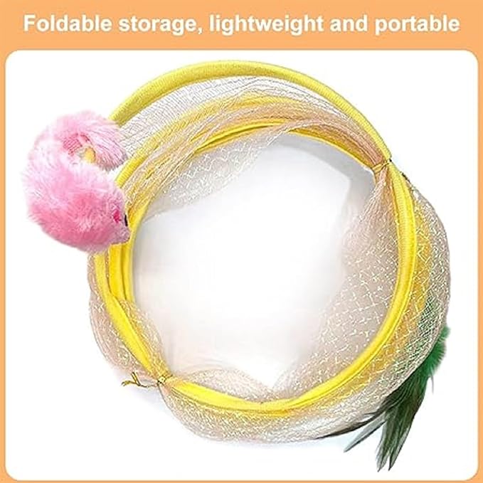 2Pcs Folded Cat Tunnel Toy for Indoor Cats,Collapsible Pet Spring Cat Toys with Feather Mouse Upgrade Interactive Toy Playing Tent for Puppy Kitten Accessories Home Self-Happy Cat Toys (Yellow)