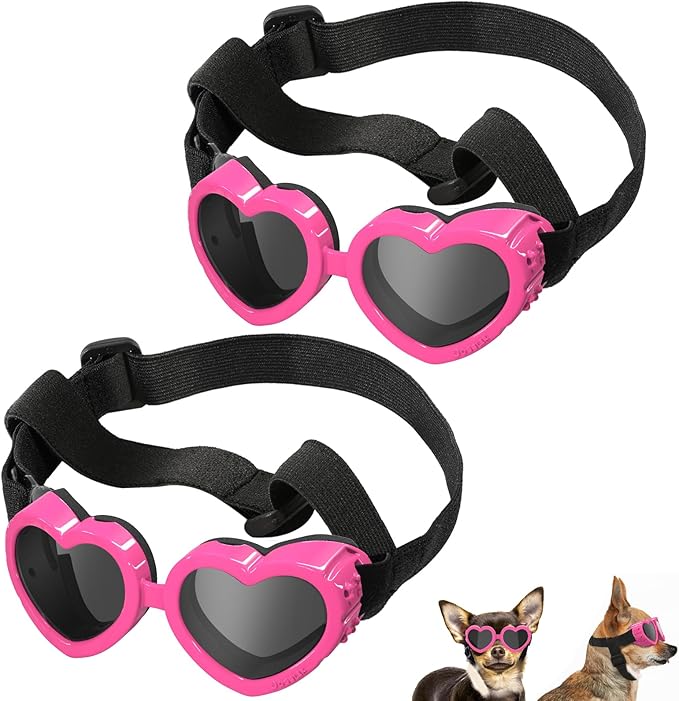 2 Pack Small Dog Sunglasses UV Protection Goggles Eye Wear Protection with Adjustable Strap Doggy Heart Shape Anti-Fog Sunglasses for Pet Dogs Sun Glasses Doggie Windproof Glasses, Pink
