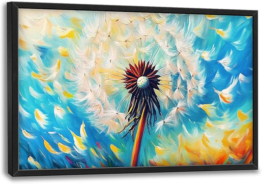 Extra Large Abstract Dandelion Framed Wall Art for Living Room,Oversized Colorful Dandelion Flower Pictures Wall Decor,Blue Canvas Print Painting Modern Artwork Bedroom Office Bathroom 36L" x 24W"