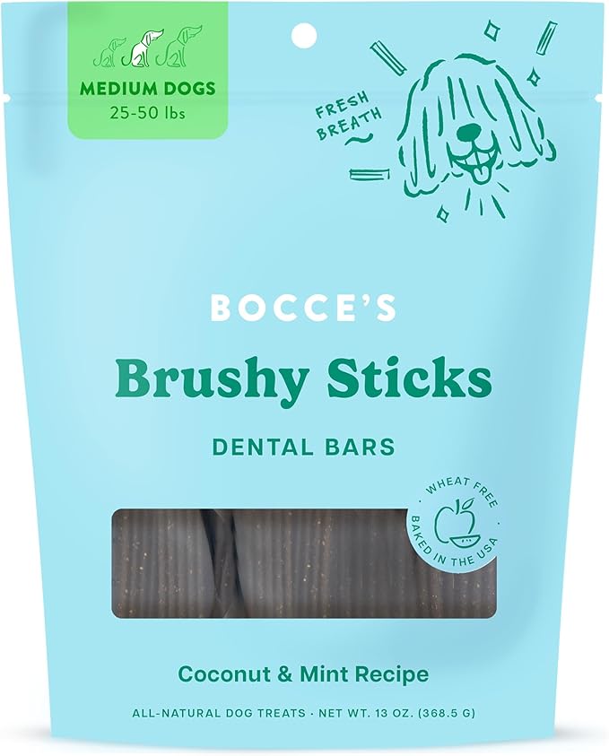 Bocce's Bakery Dailies Brushy Sticks to Support Oral Health & Fresh Breath, Wheat-Free Dental Bars for Dogs, Made with Real Ingredients, Baked in The USA, All-Natural Coconut & Mint, Medium Dogs