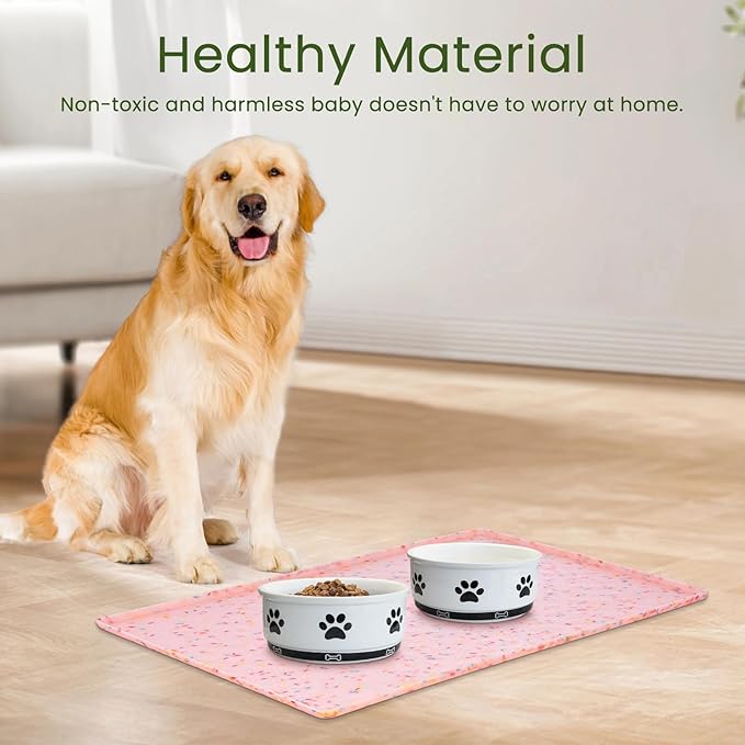 Ptlom Dog Food Mat Anti-Slip Dog Bowl Mats for Food and Water, Waterproof Pet Placemat Prevents Messy Spill to Floor, Silicone Puppy Feeding Tray for Small, Medium and Large Dogs Cats, Pink