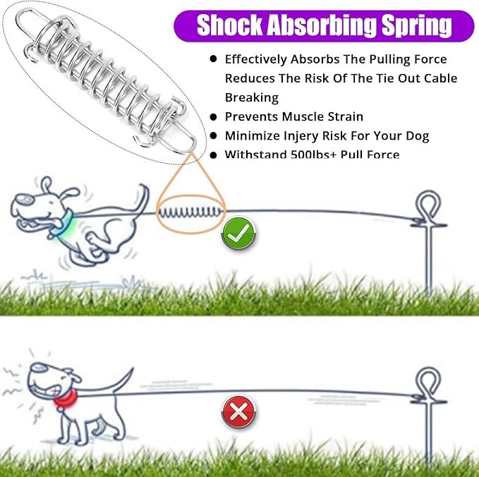 Jenico Dog Tie Out Cable - 10/15/20/30/40/50/70/100/150FT Runner Cable with Swivel Hook and Shock Spring, for Small to Medium Pets Up to 500 LBS