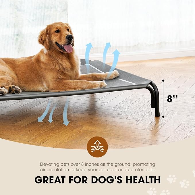 Elevated Dog Bed, Raised Outdoor Dog Bed for Large Sized Dog, Portable Cooling Pet Cot with Breathable & Washable Mesh, Indoor & Outdoor Pet Hammock with Skid-Resistant Feet.