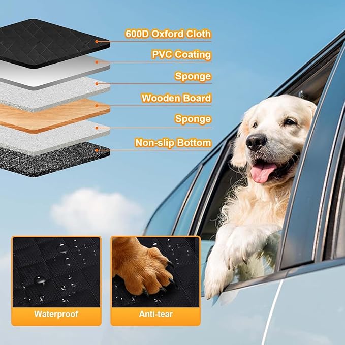 Dog Car Seat Cover for Back Seat, Hard Bottom Back Seat Extender for Dogs, Holds 420lbs, Waterproof Pet Hammock Protector, Thick and Durable Dog Seat Cover for Truck, Car, SUV-Black