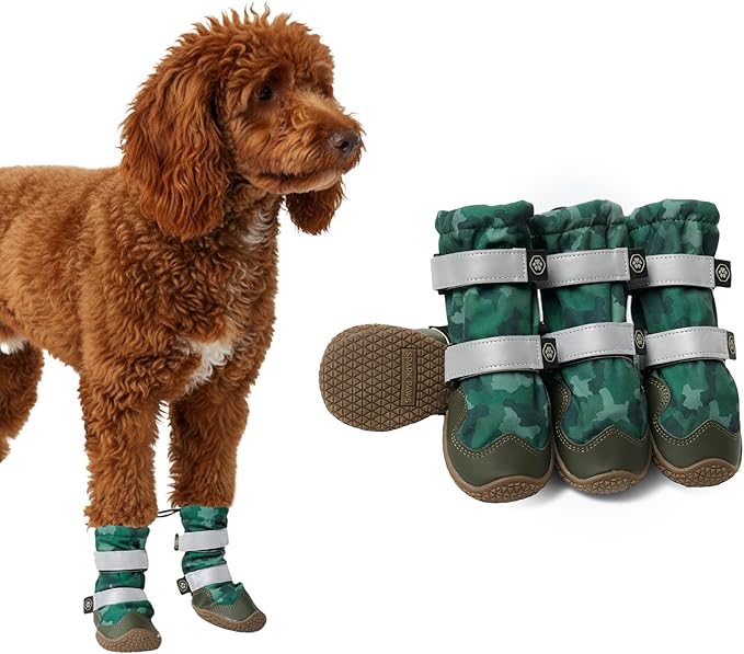 Spark Paws Dog Shoes, Waterproof Dog Boots for Medium to Large Dogs, Non Slip, Breathable Dog Booties and Paw Protectors - 4PCS Doggie Hiking Boots with Reflective Straps, Green Camo, Size 4
