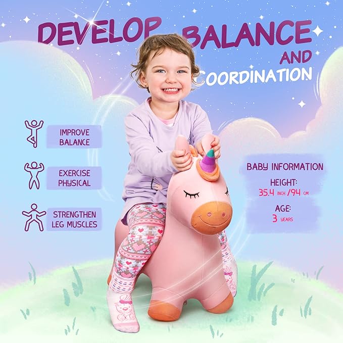 EVERICH TOY Bouncy Horse Unicorn Toys, Inflatable Bouncing Animal Hopping Toys, Outdoor Indoor Ride on Bouncer, Boys Girls Birthday Gift for 18 Month 2 3 4 5 6 Year Old Kid- Plush Unicorn Toy