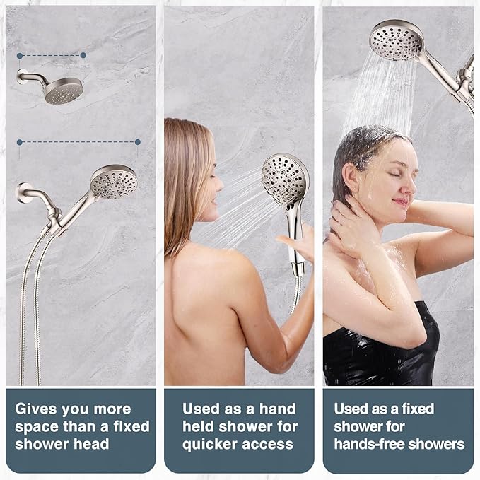 BRIGHT SHOWERS High Pressure Shower Head with Handheld, 9 Spray Settings Showerhead Built in Power Wash to Clean Tub and Pets, Extra Long 69" Hose, Adjustable Bracket, Brushed Nickel