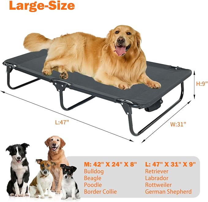 Elevated Dog Bed for Large Pet with No-Slip Feet, Foldable Portable Washable Raised Bed for Indoor&Outdoor Camping Dog Cot, with Cooling Waterproof Breathable Mesh (Large, Black-Textilene)
