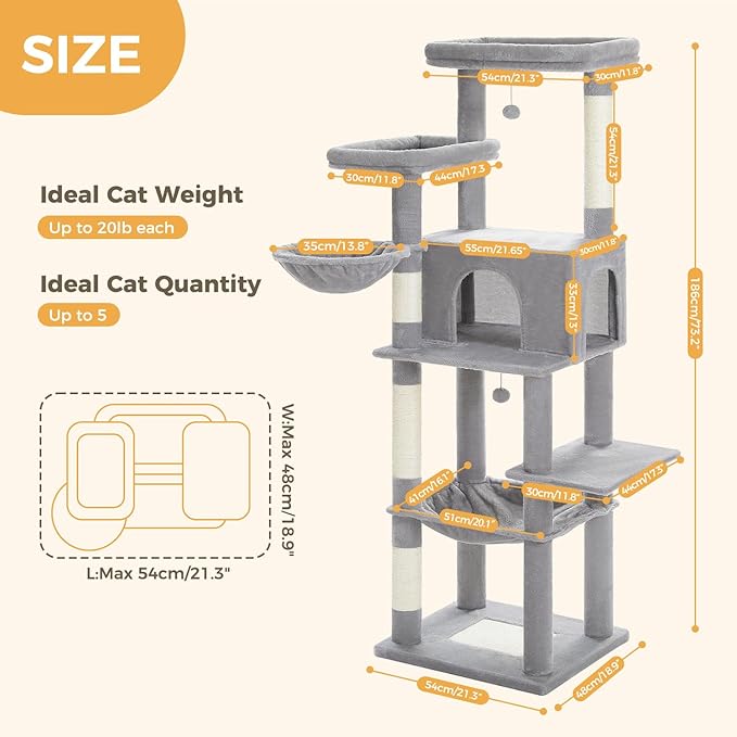 PAWZ Road Tall Cat Tree, 73 Inches Large Cat Tower with Large Padded Perch,2 Spacious Hammocks,8 Long Scratching Posts, XL Plush Cat Condo for Indoor Adult Cats,Gray