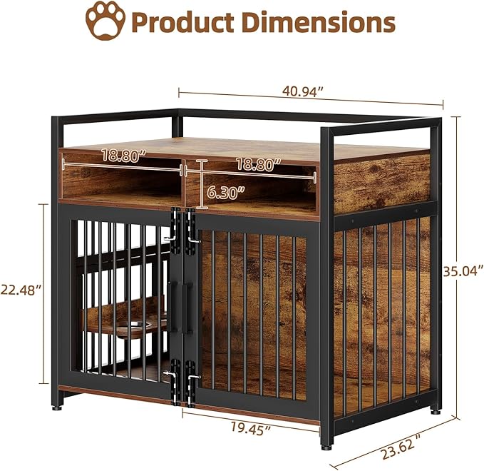 Furniture Style Dog Crate with Storage, 41 Inch Dog Crate Furniture with Double Doors, 2 Stainless Steel Bowls, Dog Crate Furniture-Style Crate for Large/Medium Dog