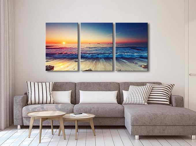 Wieco Art 3 Piece Sea Waves Canvas Prints Modern Seascape Artwork Landscape Pictures Paintings on Stretched Canvas Wall Art for Living Room Home Decorations