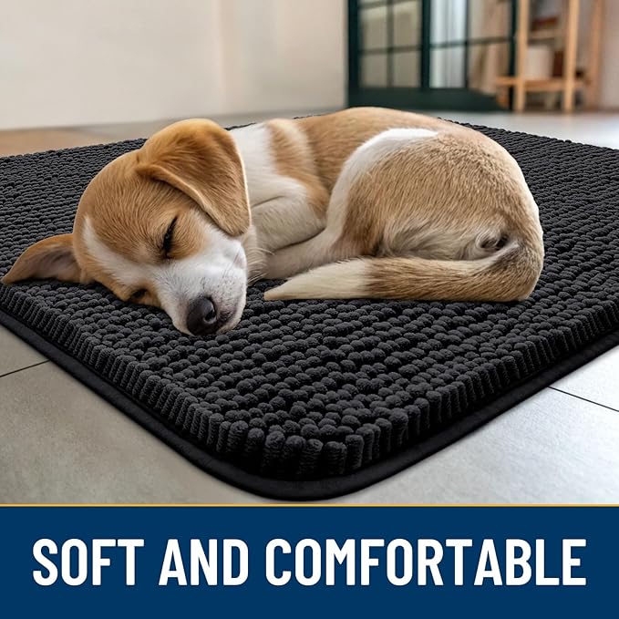 Smiry Dog Door Mat for Muddy Paws 47x32, Absorbs Moisture and Dirt Doormat, Non-Slip Washable Quick Dry Chenille Front Door Mat Indoor Entrance, Entryway Carpet for Inside Floor, Black