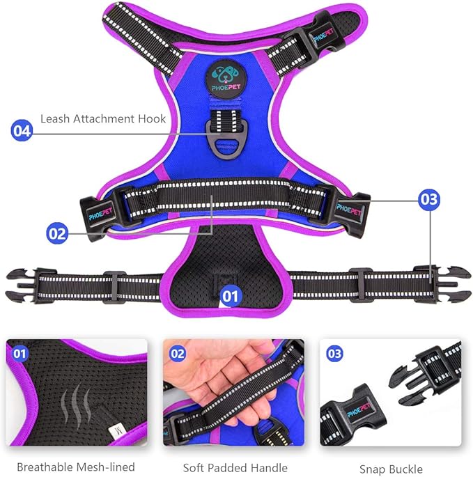 PHOEPET 2019 Upgraded No Pull Dog Harness, Reflective Adjustable Vest, with a Training Handle + 2 Metal Leash Hooks+ 3 Snap Buckles +4 Slide Buckles(XS, Royal Blue)
