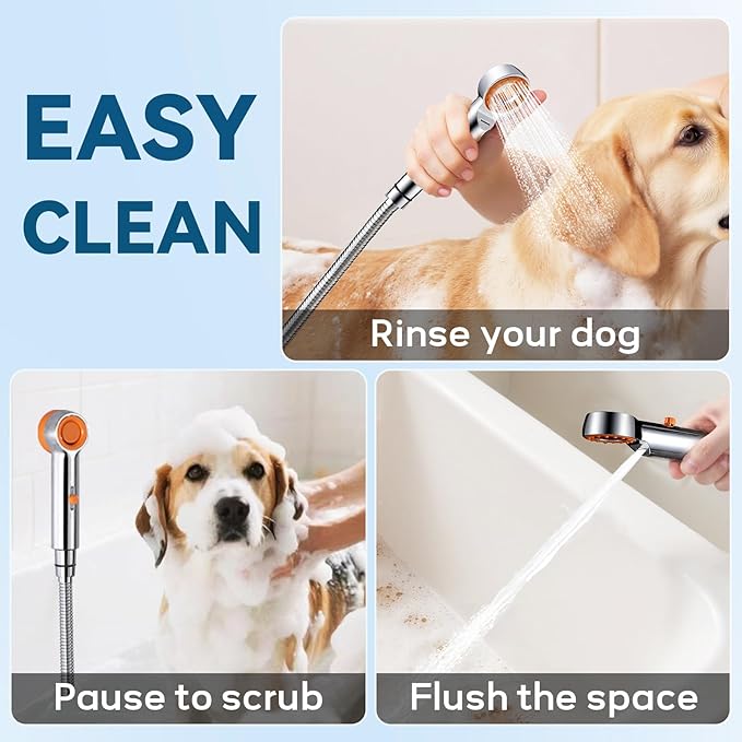 Dog Shower Attachment, 3 Mode Handheld Sprayer with ON/OFF Switch, G1/2" Metal Diverter, 100 Inches Stainless Steel Hose, No Drill Holder, for Pet and Dog Washing in Bathroom